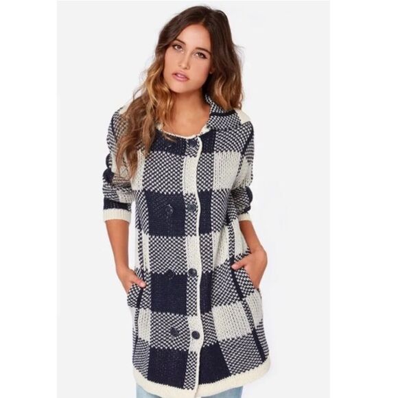 JOA Los Angeles Plaid Wool Blend Cardigan Sweater Ladies Navy Ivory Size Medium - Picture 5 of 12